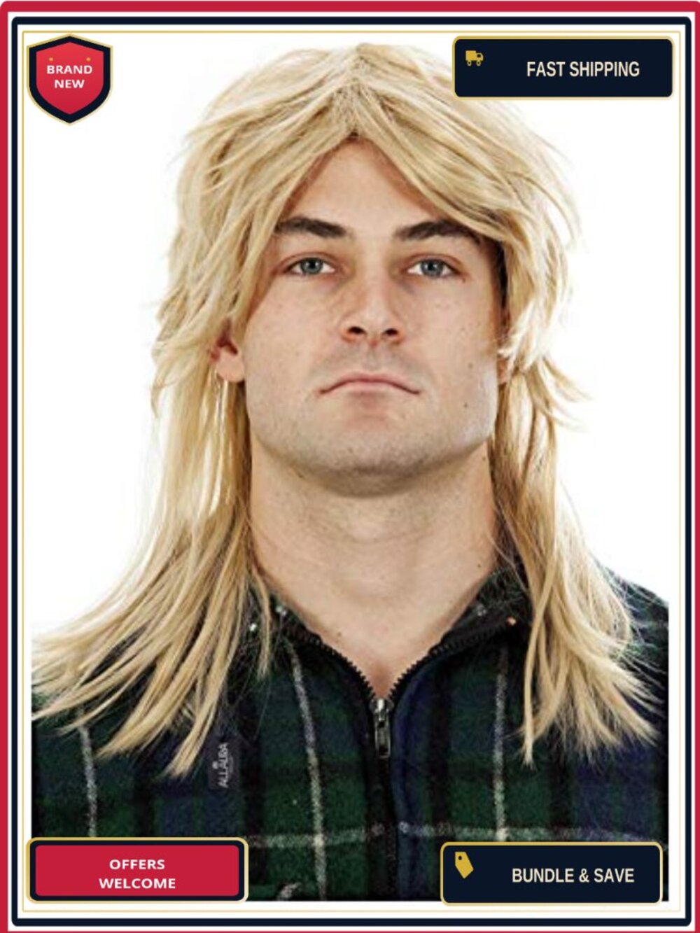 Mens Mullet Wig 80s Costume Dark Blonde Synthetic Hair Adult